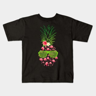 Funny Hawaii Tropical Pineapple Pink Flamingos Summer Vibes Kids T-Shirt